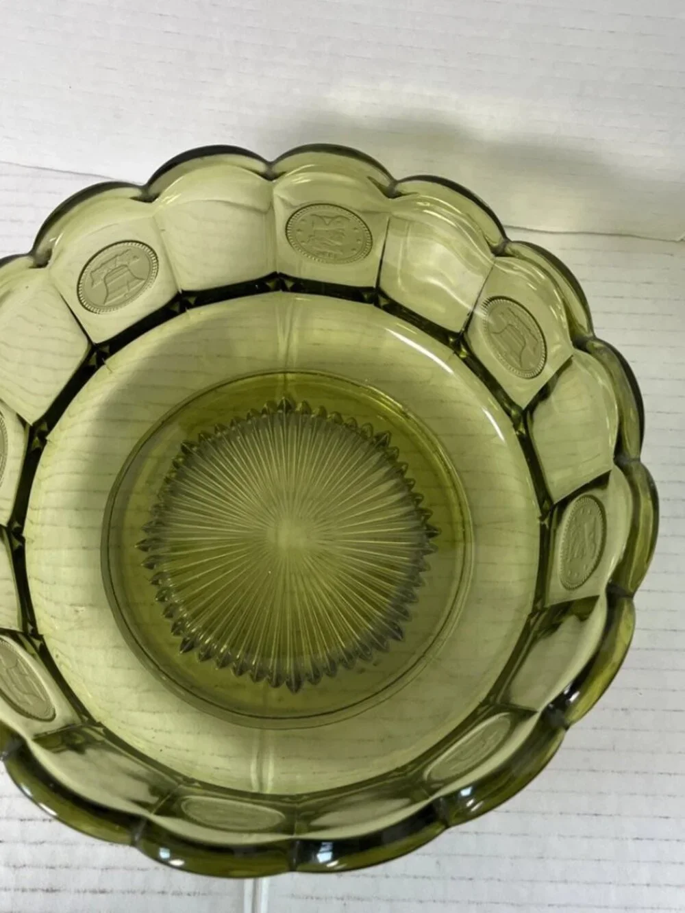 Vintage Fostoria Coin Glass Olive Green Large Bowl 7.25”